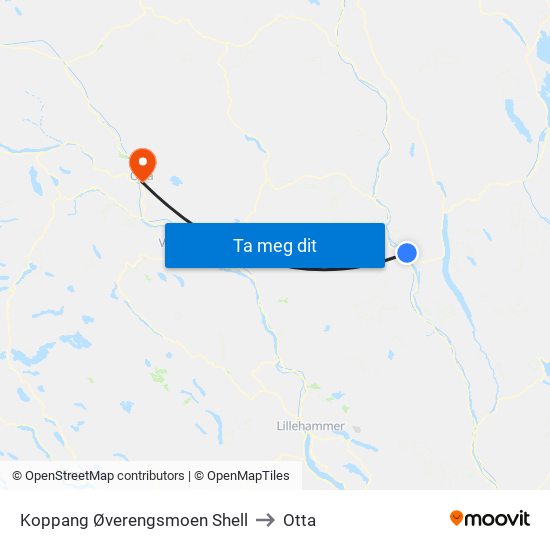 Koppang Øverengsmoen Shell to Otta map