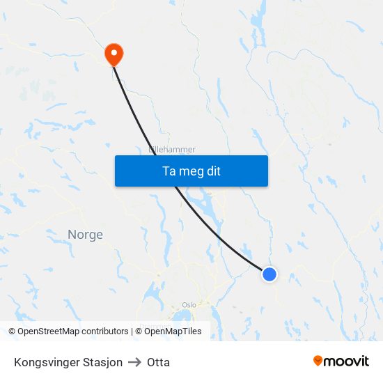 Kongsvinger Stasjon to Otta map