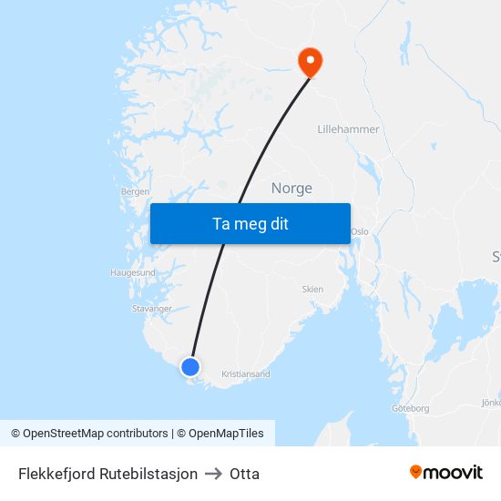 Flekkefjord Rutebilstasjon to Otta map