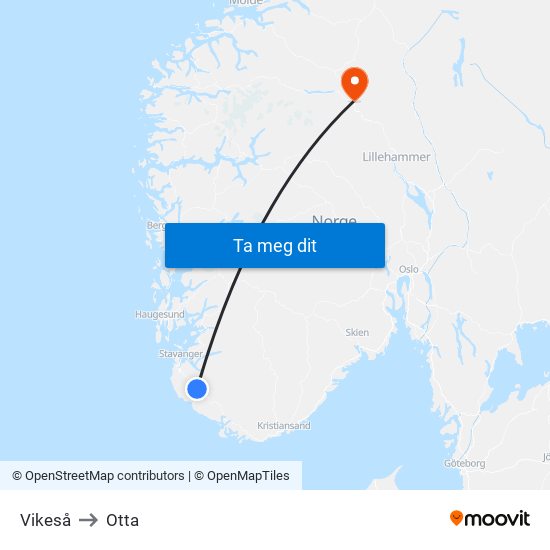 Vikeså to Otta map