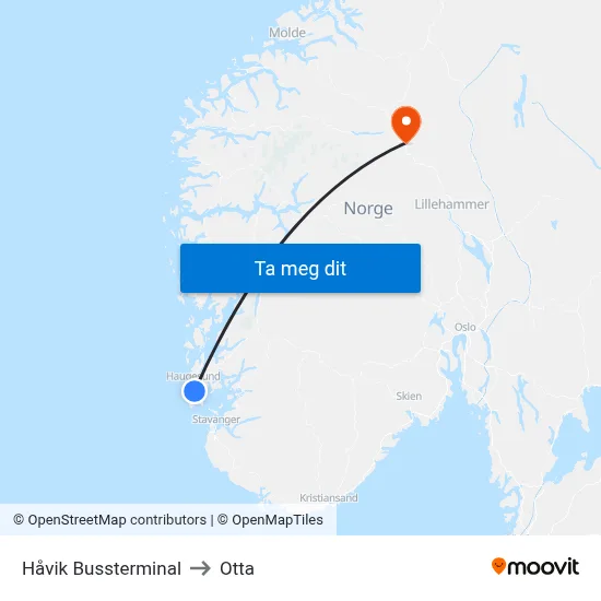 Håvik Bussterminal to Otta map
