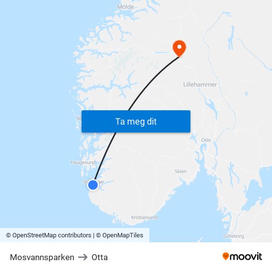 Mosvannsparken to Otta map