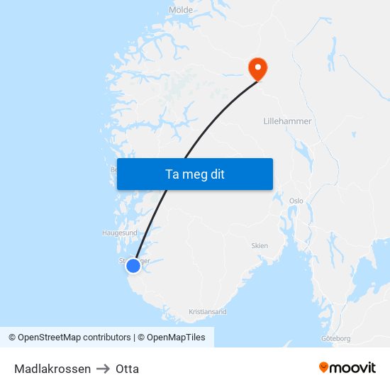 Madlakrossen to Otta map