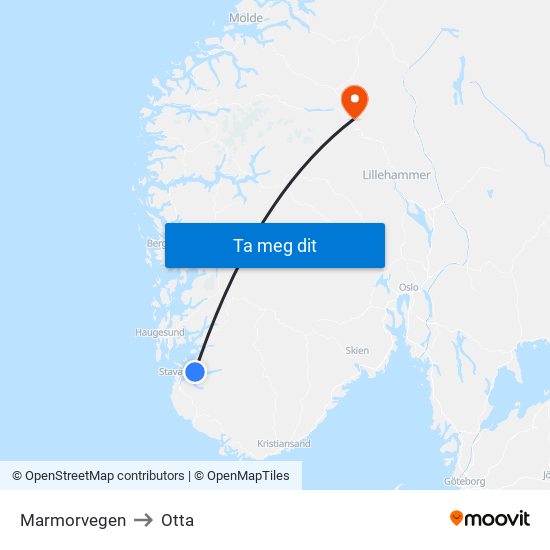 Marmorvegen to Otta map