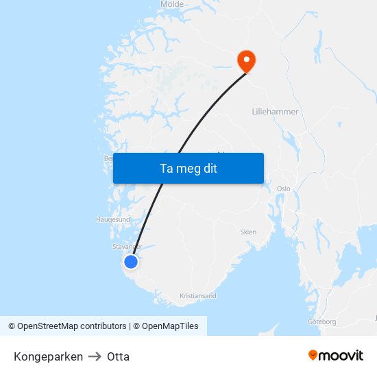 Kongeparken to Otta map