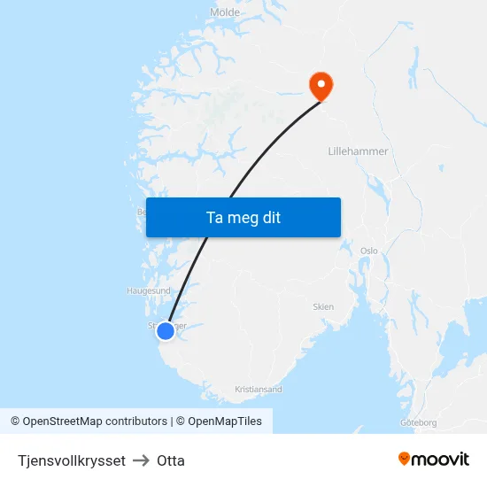 Tjensvollkrysset to Otta map
