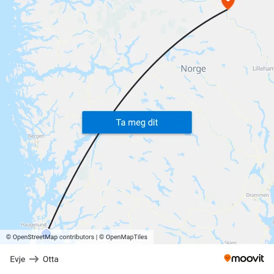 Evje to Otta map