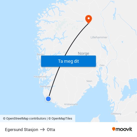 Egersund Stasjon to Otta map