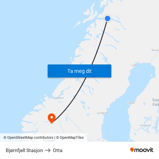 Bjørnfjell Stasjon to Otta map