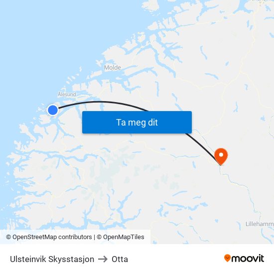 Ulsteinvik Skysstasjon to Otta map