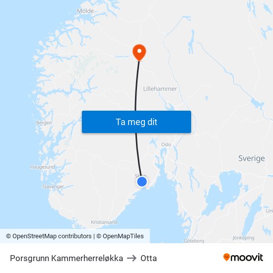 Porsgrunn Kammerherreløkka to Otta map