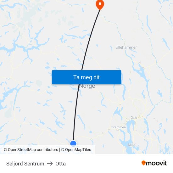 Seljord Sentrum to Otta map