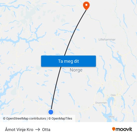 Åmot Vinje Kro to Otta map