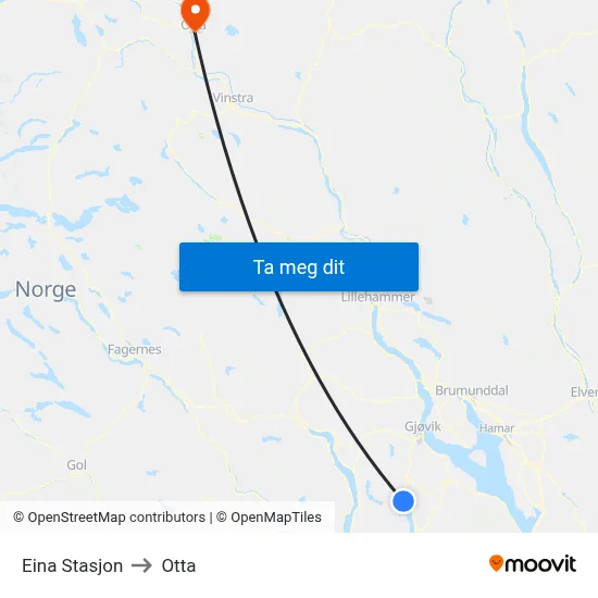 Eina Stasjon to Otta map