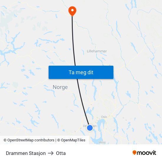 Drammen Stasjon to Otta map