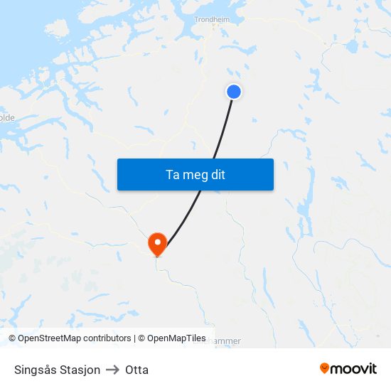 Singsås Stasjon to Otta map
