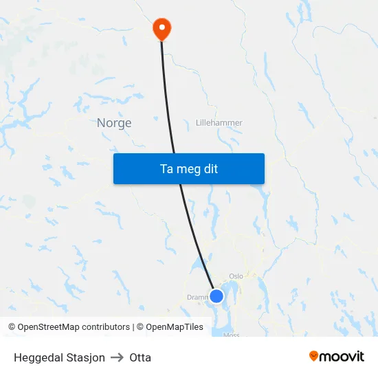 Heggedal Stasjon to Otta map