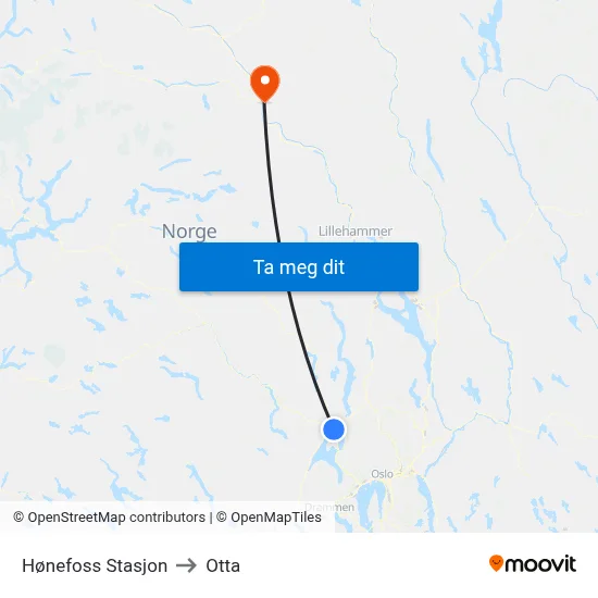 Hønefoss Stasjon to Otta map