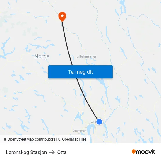 Lørenskog Stasjon to Otta map