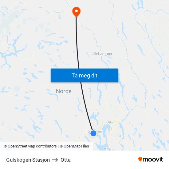 Gulskogen Stasjon to Otta map