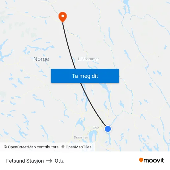 Fetsund Stasjon to Otta map