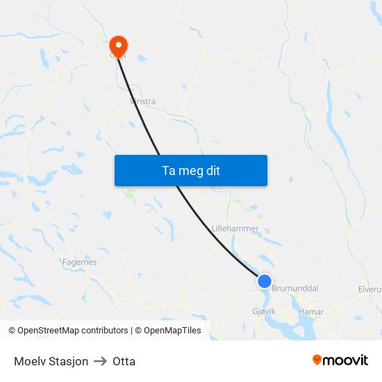 Moelv Stasjon to Otta map