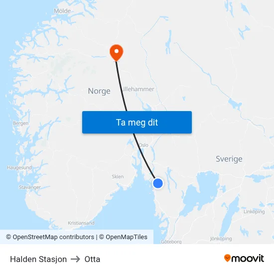 Halden Stasjon to Otta map