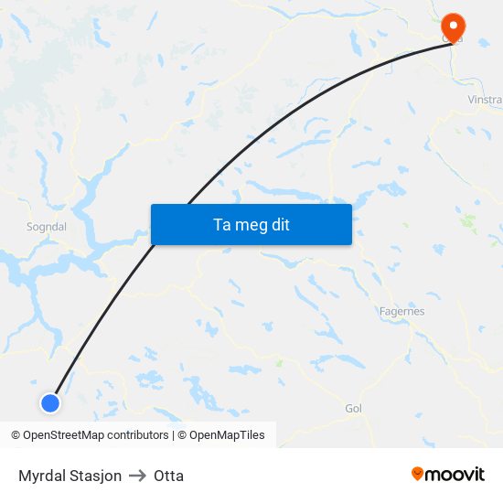 Myrdal Stasjon to Otta map