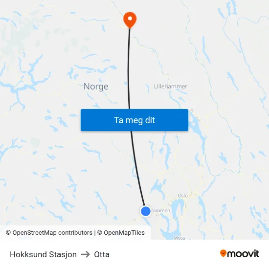 Hokksund Stasjon to Otta map