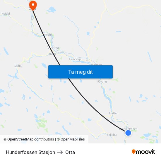 Hunderfossen Stasjon to Otta map