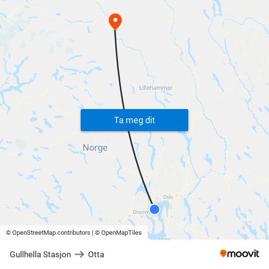 Gullhella Stasjon to Otta map