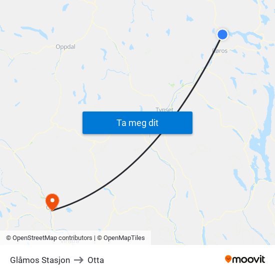 Glåmos Stasjon to Otta map
