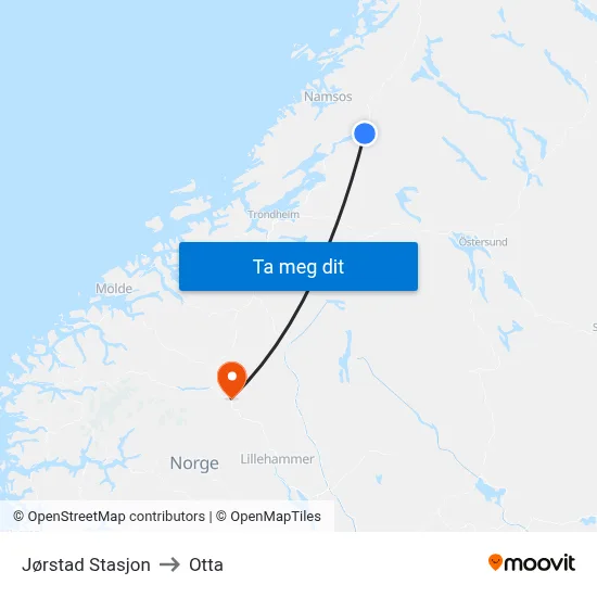 Jørstad Stasjon to Otta map
