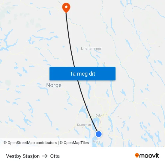 Vestby Stasjon to Otta map