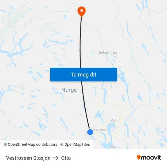 Vestfossen Stasjon to Otta map