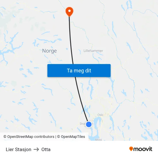 Lier Stasjon to Otta map