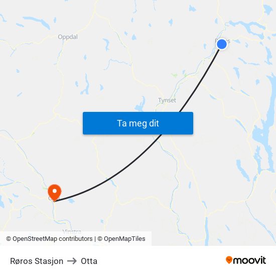 Røros Stasjon to Otta map