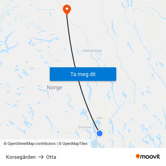 Korsegården to Otta map