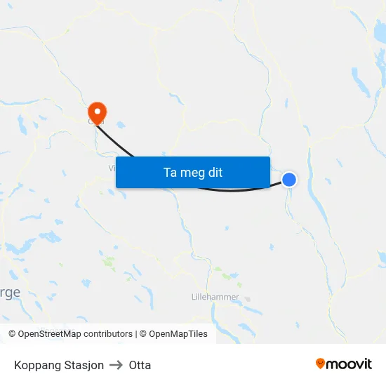 Koppang Stasjon to Otta map