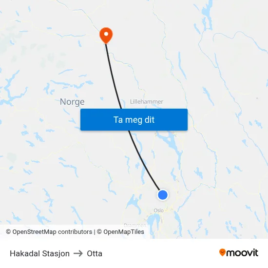 Hakadal Stasjon to Otta map