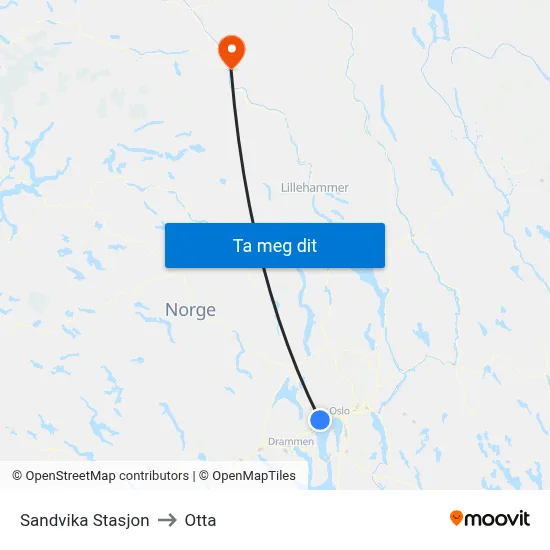 Sandvika Stasjon to Otta map