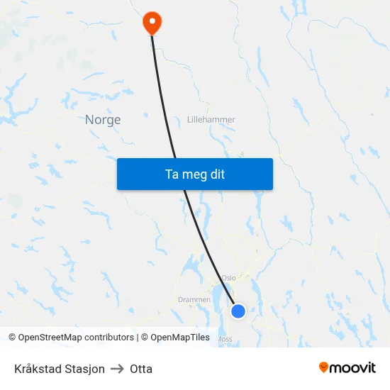 Kråkstad Stasjon to Otta map