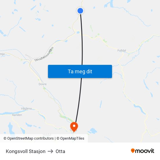 Kongsvoll Stasjon to Otta map