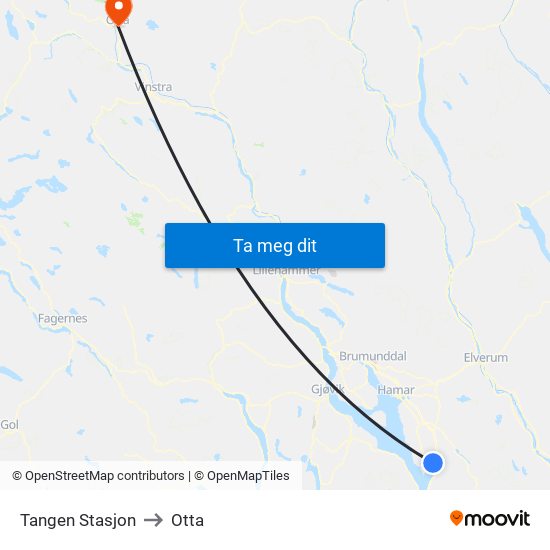 Tangen Stasjon to Otta map