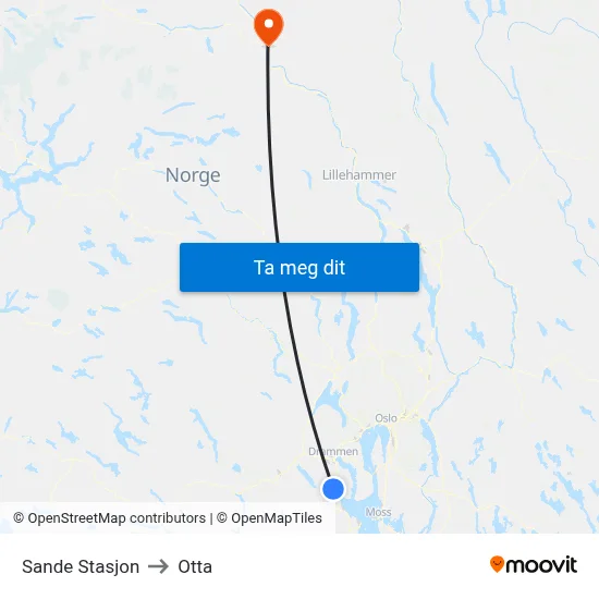 Sande Stasjon to Otta map