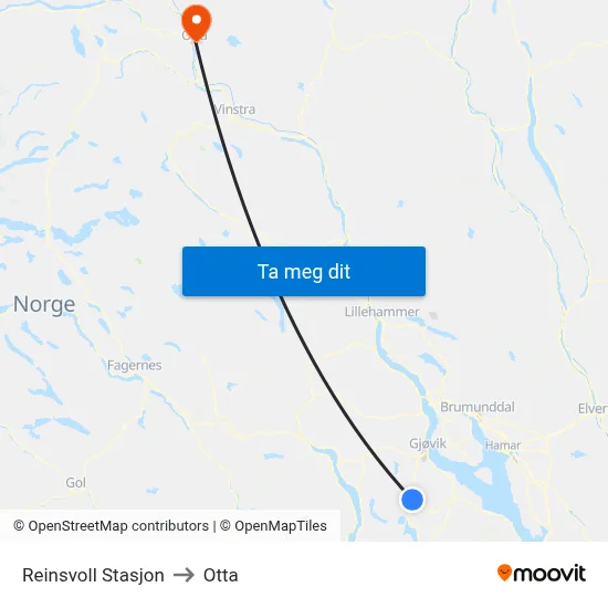 Reinsvoll Stasjon to Otta map