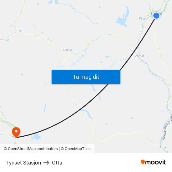 Tynset Stasjon to Otta map