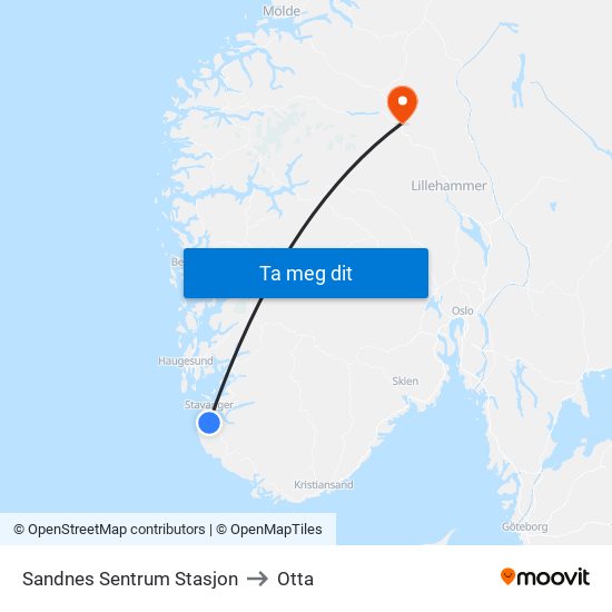 Sandnes Sentrum Stasjon to Otta map