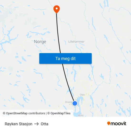 Røyken Stasjon to Otta map