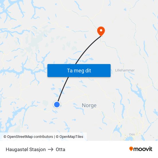 Haugastøl Stasjon to Otta map